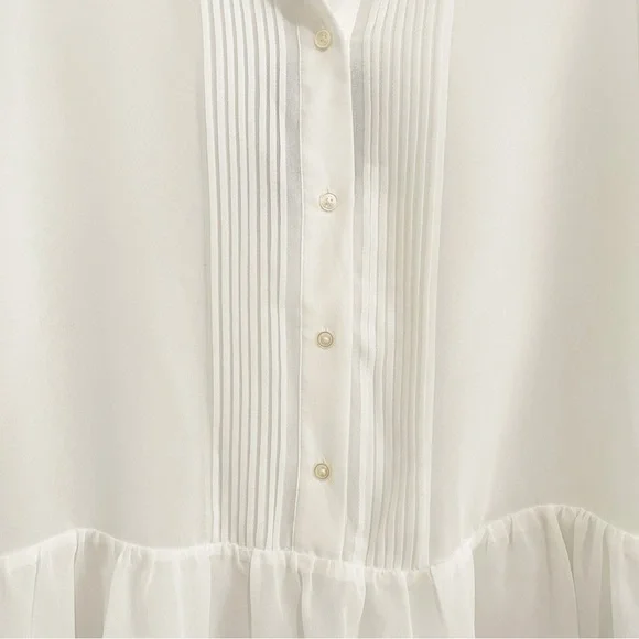NWT DKNY Semi-Sheer Pleated Ruffle Hem Button Down Blouse Shirt L - Picture 4 of 8